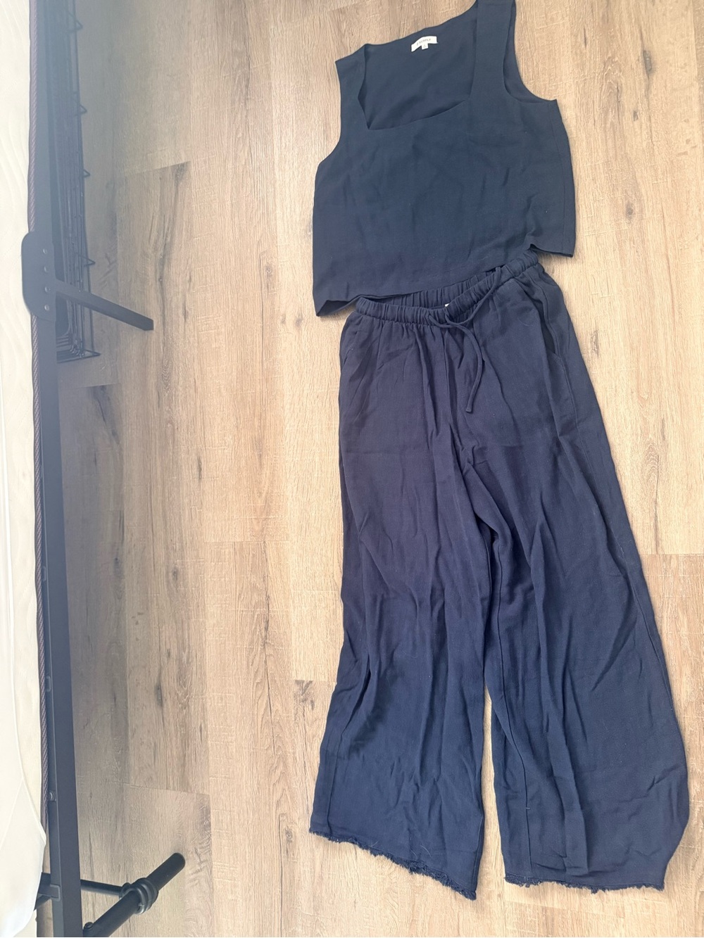 Women's navy blue Wide-Leg Linen Blend Pants - Relaxed Pull-On Style